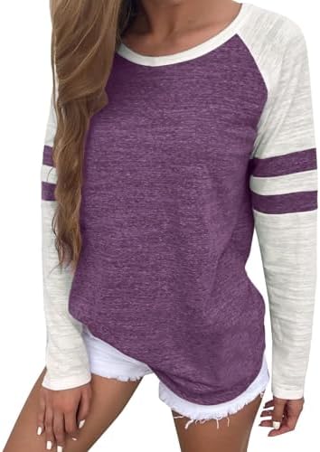 Womens Fall Color Block Long Sleeve Shirts Casual Plus Size Tops Round Neck Striped Raglan Sleeve T Shirts Tunic Tees