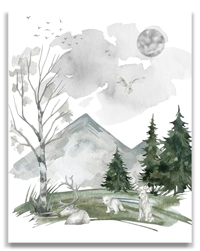 Woodland Animals Children’s Wall Decor, Rustic Mountain Tree Forest Landscape