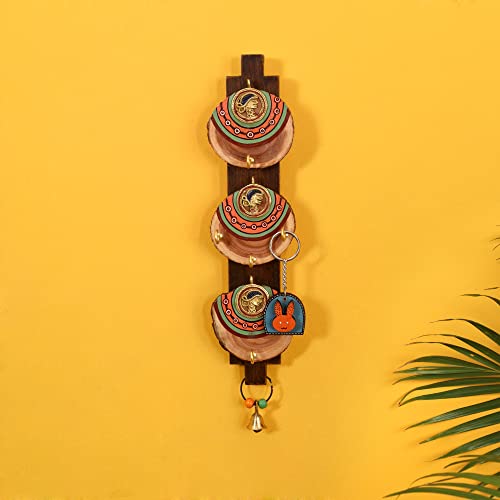 Image of AAKRITI ART CREATIONS Key Holder Handcrafted Madhubani Keys | Rustic Brass & Wood Wall Organizer with 4 Hooks | New Home Gifts | Multifunctional Entryway Decor Item