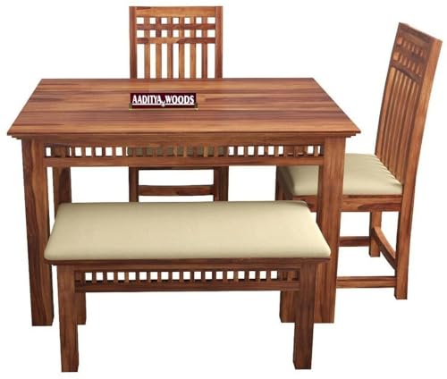 Image of AADITYA WOODS Solid Sheesham Wood 4 Seater Dining Table Set with Chairs & Bench for Living Room Home Wooden Dining Table Set for Office Restaurant Modern Dining Room Set-45x30x30inch (ad-Honey4sB)