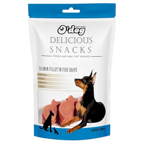 Image of PETS EMPIRE O'Dog Fish Shape Salmon Fillet, Healthy Dog Treats, Chewy Dogs Bites for Training and Feeding, Made with Real Salmon, Non-Vegetarian Pup Snacks for Dogs, Puppies - 100g