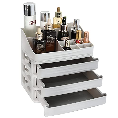 DEAYOU Makeup Cosmetic Organizer with Drawers, Plastic Skincare Storage Box with Lipstick Brush Holder, Jewelry Vanity Organizer Desktop Sundry Storage Case for Countertop, Bathroom, Bedroom (Gray)