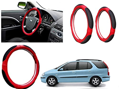 Image of Microfiber Car Steering Wheel Cover, Soft Padding Great Hand Feel, Anti-Slip, Faux Leather Steering Cover for Tata Indigo Marina | Black Red Jali - Pack of 1