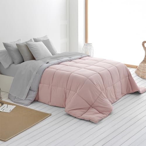 SOMNI HOME Edredon Bicolor Otoño Cama 80/90 cm. Tacto Pluma. Colcha Microfibra Reversible Ligera. Cama Individual. Primavera Verano 200 gr. Color Rosa   Gris 180x260