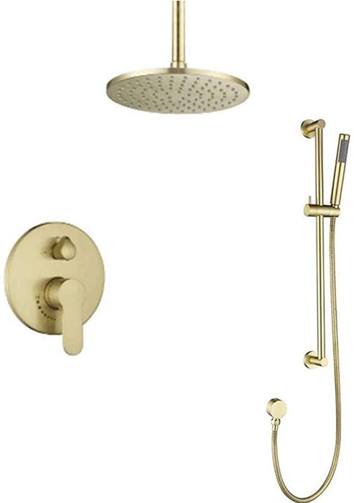 Ducha clásica, Techo Oculto, baño, latón, Redondo, 8-12 Pulgadas, Grifo de Ducha Tipo Lluvia de Oro Cepillado con Juego de Barra Deslizante, Juego de Ducha de Lujo, 8 Pulgadas