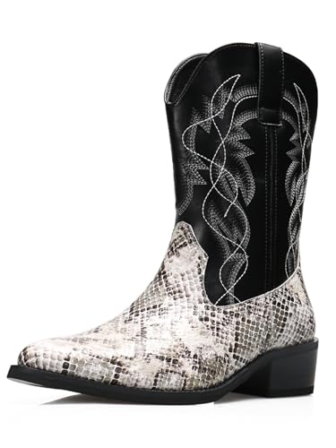 Gnvkxeu Python Manning Men's Boots Cowboy for Men Classic Pointed Toe Western Pull Up Snakeskin Embroidered Mid-Calf Boots (Khaki, 13)