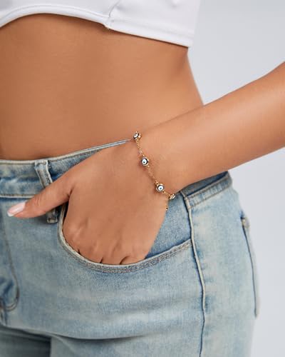 18K Gold Plated Stainless Steel 7 Evil Eyes Bracelet - Sevenfold Protection Bracelet Ojo Turco Amulet Lucky Jewelry Gifts with Meaning Card for Women & Teen Girls4