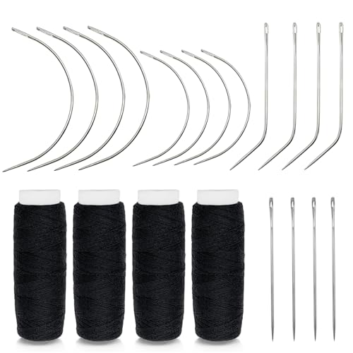 20 PCS Hair Needle and Black Thread Kit for Making Wig Big Medium and Small C J Shape Curved Needle I Needle Sewing for Hair Hand Sewing Hair Extension