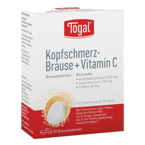 Togal Kopfschmerz-Brause + Vitamin C zur Behandlung bei leichten bis mäßig starken Schmerzen, schnelle Schmerzlinderung, mit Wirkverstärker Coffein und Vitamin C, 20 Stück Brausetabletten
