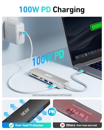 Image of Acer USB C Dock, 7 in 1 USB-C to HDMI Hub, 2 USBA 3.1 GEN1 and 5Gbps Type-C Data Port, 4K HDMI Port, PD 100W Charging, SD Card Reader, for iPad Pro MacBook Pro Laptops and More (Silver)