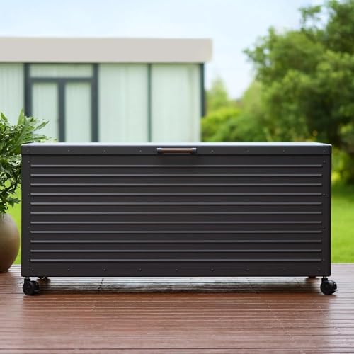 Image of MIRADOR 205 Gallon Outdoor Storage Box with Wheels & Soft-Close Lid, Waterproof Metal Deck Box for Patio Cushions, Garden Tools & Pool Accessories, Charcoal