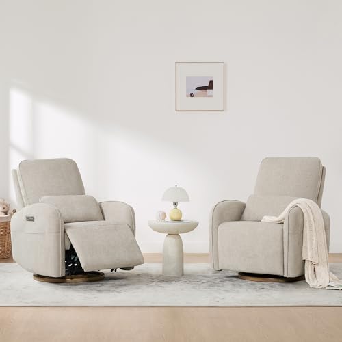 Image of CHITA Power Swivel Glider Recliner Chair, Nursery Rocker, Fabric in Khaki | Electric Recliner with Removable Lumbar Pillow, FSC Certified, Comfortable Rocking Chair for Living Room & Nursery