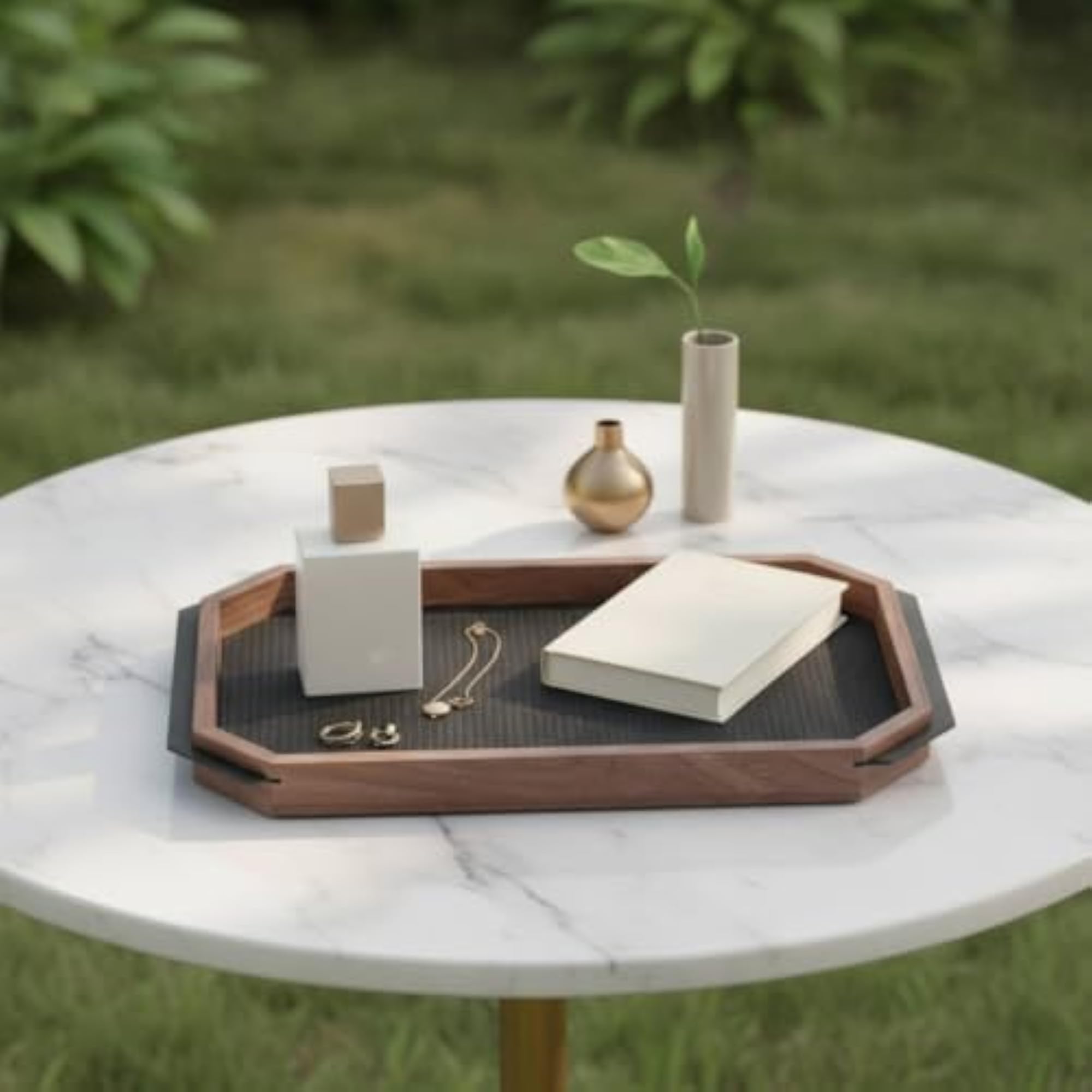 Sleek-Profile Walnut Tray with Leather Inset