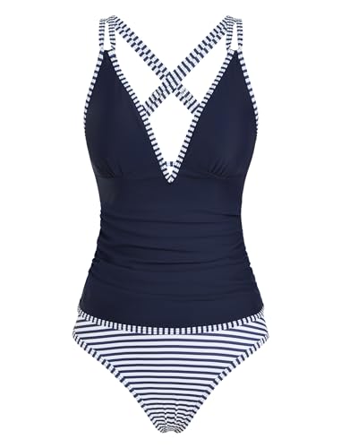 Image of ZAFUL Womens Tankini Swimsuits V Neck Push Up Swim Top Color Block Tummy Control High Waisted Bathing Suits Swim Bottom