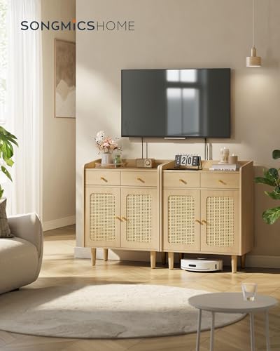 SONGMICS HOME BOHOVEN Collection - Buffet Cabinet, Sideboard Storage Cabinets with Rattan-Like Doors and Drawers, Adjustable Shelf, Boho Style, for Living Room, Oak Beige - Thumbnail 2