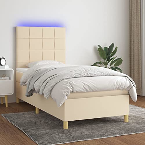 ACAGALA Cama Individual Tapizada 100x200 cm con Cabecero LED y Bloque con Cuadrados - Marco de Cama + Colchón + Base de Lamas Incluidos, Tela Crema para Dormitorio Moderno y Habitación Juvenil