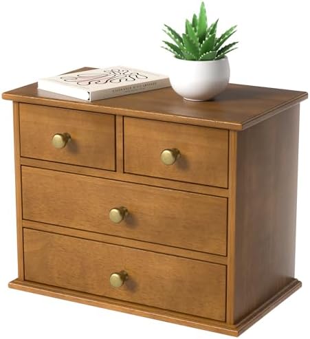 Oak Desk Organizer with Drawers, Durable Wooden Desktop Storage Box with Metal Handles & Non-Slip Silicone Pads, 4 Drawer Tabletop Organizer for Office, Bedroom, Bathroom, Vanity, and Makeup – Walnut