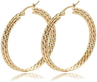 Yumay 9CT Yellow Gold Hoop Earrings for Women and Girls,3 Layer Hand-Tiwsted Ladies Earrings(40MM)