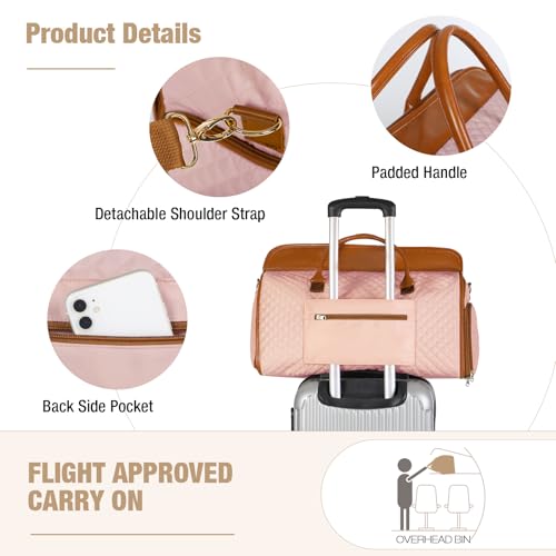 Tonyeee Convertible Garment Duffel Bags for Travel, Carry On Garment Bag with Shoe Compartment, 3 in 1 Foldable Suit Duffle Bag for Women, Jenni Bag for Hanging Clothes, Pink (1Pcs Set) — view 5