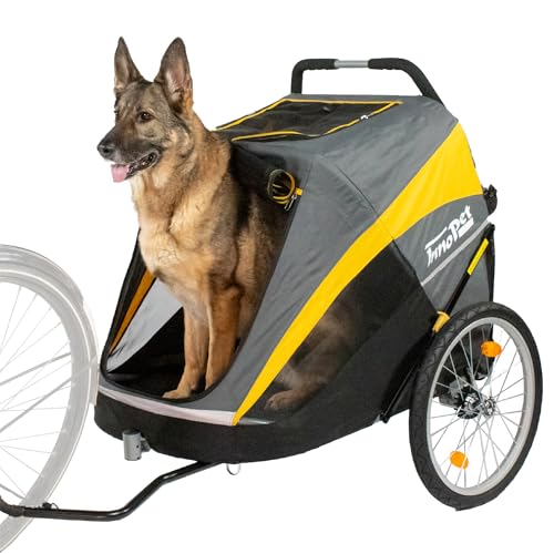 Großer Hundebuggy und Fahrradanhänger Trailer - Innopet Hercules Gelb/Grau - 2in1 mit Umbauset und Regenhaube - Leinen innen - Hundewagen bis 50kg belastbar - 45cm große hintere Luftreifen