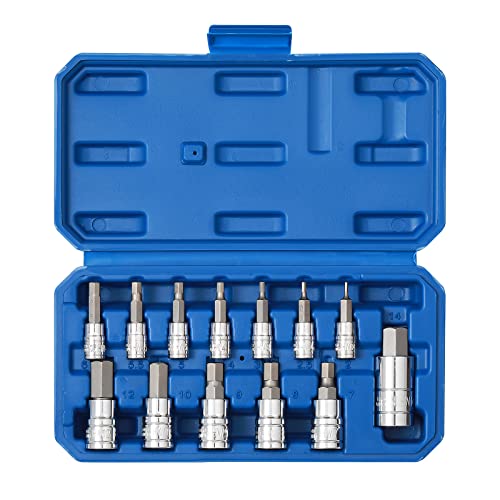 Image of 13PCS Metric Hex Bit Socket Set, CR-V Allen Bit Socket Kit, S2 Steel, 2mm - 14mm, 1 /4 inch, 3 /8 inch & 1 /2 inch Drive