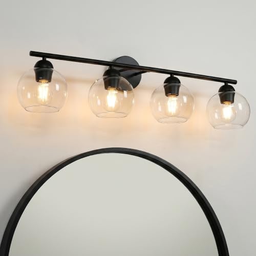Image of 4 Light Bathroom Vanity Light, Black Vanity Light with Globe Glass Shades, Farmhouse Bathroom Light Fixtures Over Mirror, Modern Wall Light Fixture for Bedroom Hallway, E26 Socket