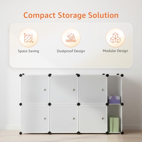 Image of Amazon Basics Plastic Modular Wardrobe Storage Cabinet for Home | 8 Cube Organizer with Hanging Space | DIY Foldable Closet for Clothes, Shoes & Accessories | White | 75 x 47 x 128 cm
