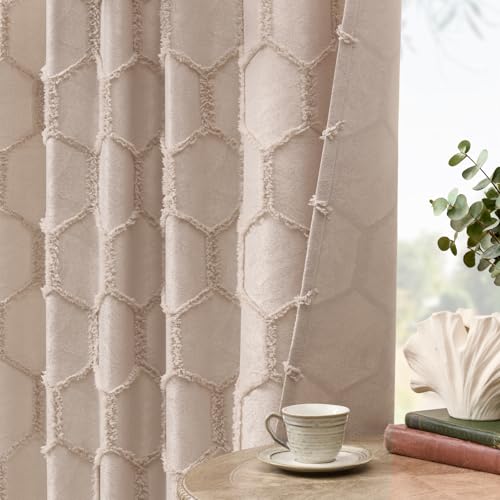 Taupe Geometric Curtains 84 Inches Long 2 Panels Jacquard Fluffy Hexagon Tufted Curtains Rod Pocket...