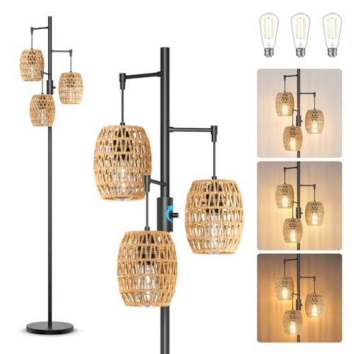 lumenfox Boho Rattan Floor Lamp - Dimmable 70 Inch with Shades, Coastal 3 Light Bohemian Standing Lamp for Living Room Bedroom Office