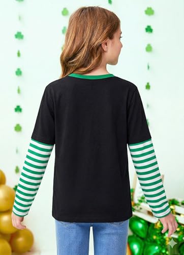 Image of Unisex Kid's St Patrick's Day Shamrock Top Striped Patchwork Irish Clover Long Sleeve Shirt 4-14 Years