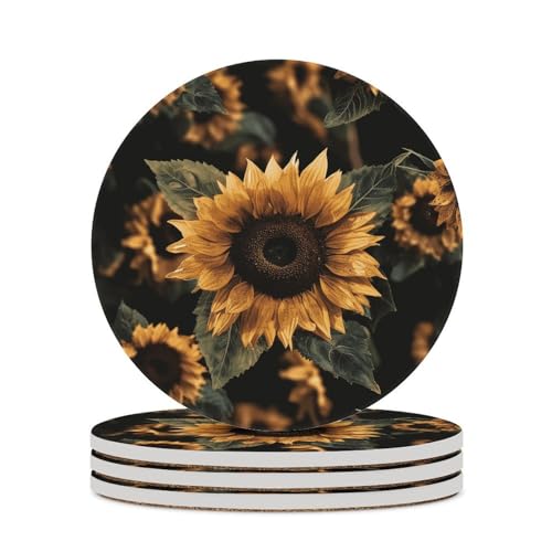 Lot de 4 dessous de verre absorbants en forme de feuilles brunes et tournesol pour boissons, café, boissons, vin, bière, bar