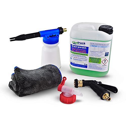 cleantruck Starter Set Schaumkanone Caravan - Professionelles Caravan Reiniger Starter-Paket gegen Regenstreifen & Grünbelag - inkl. Schaumkanone Zapfhahn & Microfaser-Tuch