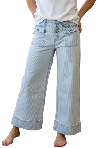 Urchics Womens Casual Pants Sky Blue Stripe Button Flap Pocket Cuffed Hem Wide Leg Jeans