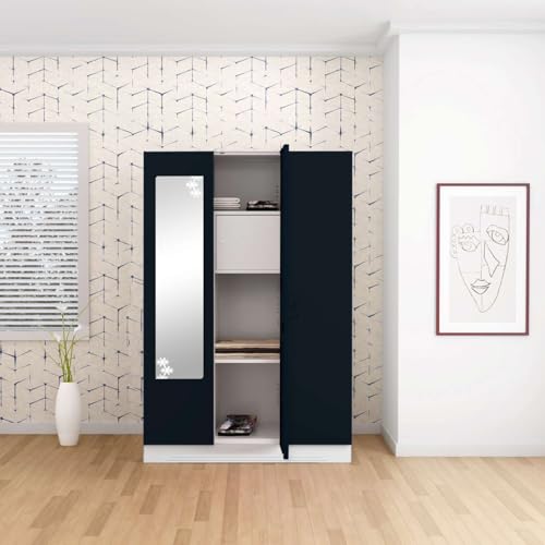 Image of Interio by Godrej Almirah Slimline 3-Door Steel Almirah, Cupboard for Clothes (Pacific Blue), 1-Year Warranty, 7 Shelves, 1 Locker, Star Design Mirror
