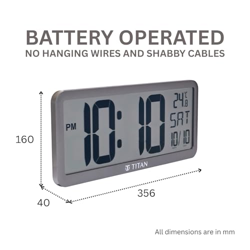 Image of Titan Large Grey Digital Wall & Table Clock | Big LCD Display | Day, Date & Room Temperature | Battery Operated | Modern Minimalist Design | 356x160mm | W0117PD01