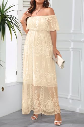 Image of Women's Off Shoulder Maternity Dress Swiss Dot Boho Baby Shower Dress