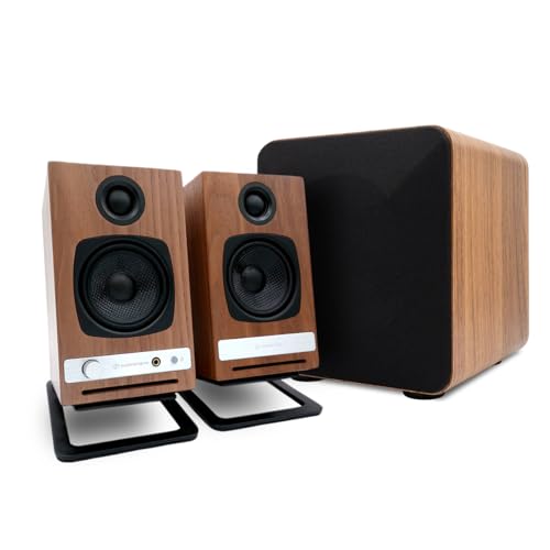 Image of Audioengine A2 HD (HD3) Bluetooth Desktop Speaker Bundle for Computer & Laptop – Complete Home Office Audio Setup with S6 Powered Subwoofer and DS1M Speaker Stand in Walnut
