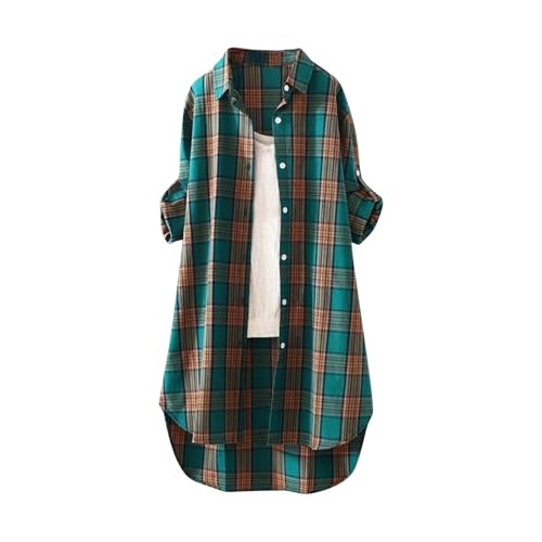 Angxiwan Linen Shirt Women Short Sleeve Plaid Shirts for Women UK Plus Size Button Long Sleeve Summer Cardigan Casual Loose Fit Flowy Hem Tunic Tops Elegant Collar Gypsy Tops