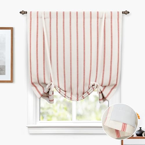 DriftAway Farmhouse Double Layer Linen Blackout Tie Up Curtains Thermal Insulated Vertical Striped Fully Lined Balloon Roman Shade Bathroom Window Adjustable Rod Pocket 45 Inch by 63 Inch Red