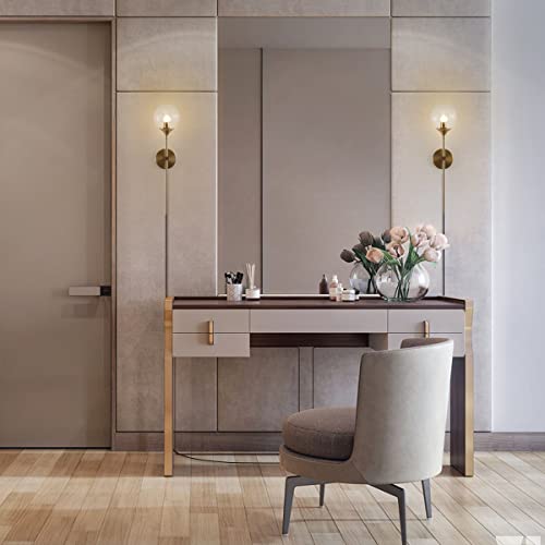Image of BOKT Modern Long Globe Plug in Wall Sconce Lighting Set of 2 Mid Century Brass Gold Wall Sconce Light Plug in Set of Two Clear Glass Bathroom Bedroom Wall Lamp (Clear-Plug in)