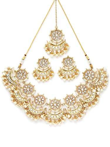 Image of Karatcart Gold Plated Pearl and Drop Kundan Studded Choker Necklace Setfor Women