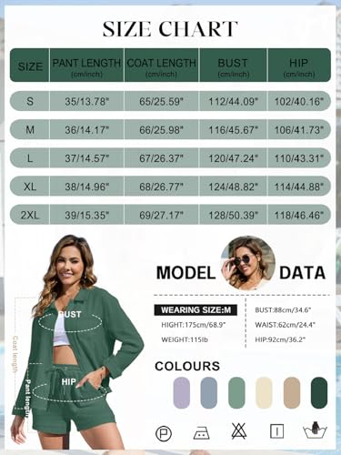 CheChury 2 Piece Outfits Women Shirt and Shorts Co Ord Sets Summer Casual Linen Short Set with Long Sleeve Button Down Shirt Ladies Linen Coords Beach Travel Outfit Airport Set Loungewear,Green,L - Image 5