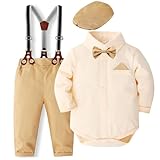 SALNIER Baby Boy Dress Suit Clothes Sets Infant Tuxedo Gentleman Suits Outfits Bowtie Shirt Suspenders Pants Beret Hat 0-24M(B-beige,18-24 Months)