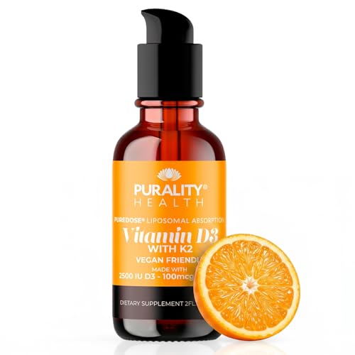 PURALITY HEALTH Vitamin D3 with K2 Liquid Supplement, Vegan, Micelle Liposomal Enhanced Absorption, Non-GMO, 30 Day Supply
