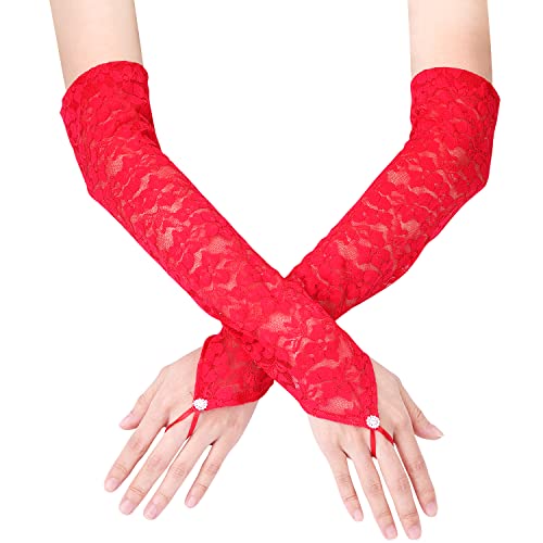 KINBOM Gants Longs en Dentelle pour Femmes, Mariée, Tea Party, Costumes des Années 1920, Opéra, Mascarade - Sans Doigts, Longueur du Coude 40cm (Rouge)