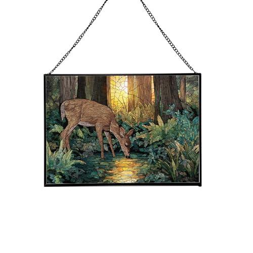 Deer Drinking – Forest Spring Animal Stained Glass Suncatcher – Rectangular Hanging Window Panel with Artistic Nature Background – Wildlife Glass Art Gift for Animal and Nature Lovers x1EyZN