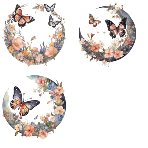 Watercolor Moon and Butterfly Flowers Iron Transfer Patch Heat Transfer Sticker Vinyl Design Iron Applique T-Shirt Clothing DIY Craft Applique Clothing Decoration (P2)