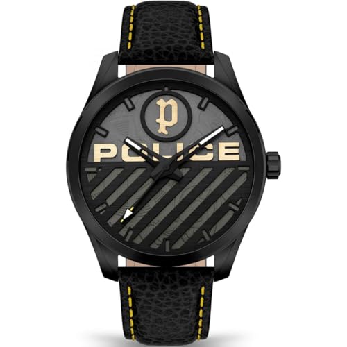 Montre Police Hommes Cadran Quartz Analogique Boîtier Acier et Bracelet Cuir Authentique