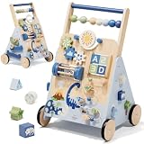 Lehoo Castle Dinosaur Wooden Baby Walker, Adjustable Speed Baby Push Walker | Baby Walking Toy with 10-in-1 Activity Center, Montessori Walker Toy for 1 Year Old Boy Learning to Walk