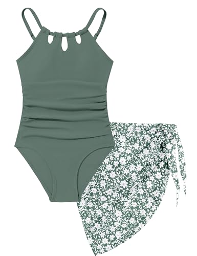 Image of KANGKANG Girls Swimsuit Quick Dry Cut Out One Piece Swimsuits with Tropical Print Cover Up Skirt Bathing Suit Swimwear 7-18Y